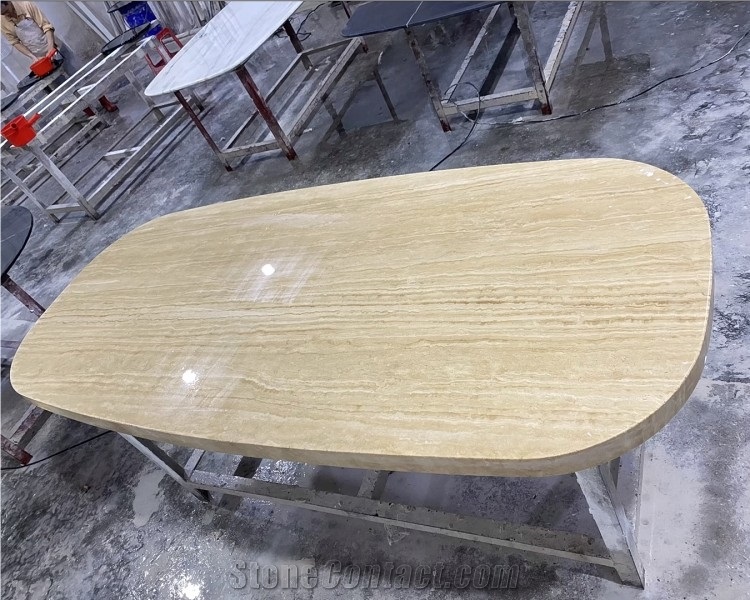 Round Natural Stone Dining Table Beige Travertine Coffee Table