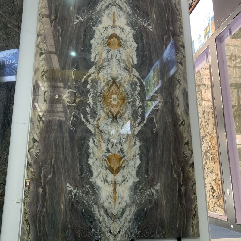 Bookmatch Purple East Quartzite Slab For Villa TV Wall Design