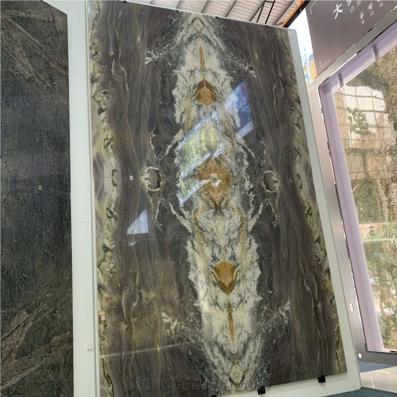 Bookmatch Purple East Quartzite Slab For Villa TV Wall Design