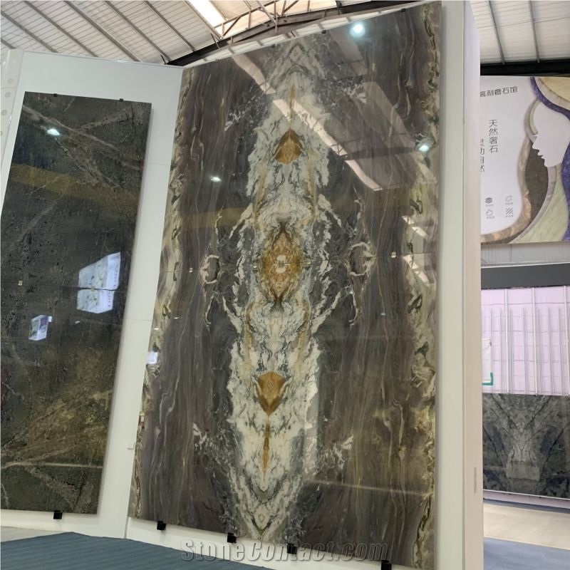 Bookmatch Purple East Quartzite Slab For Villa TV Wall Design