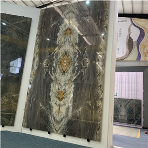 Bookmatch Purple East Quartzite Slab For Villa TV Wall Design
