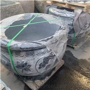 Engraved Round Granite Outdoor Landscape Plant Flower Pot