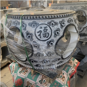 Engraved Round Granite Outdoor Landscape Plant Flower Pot