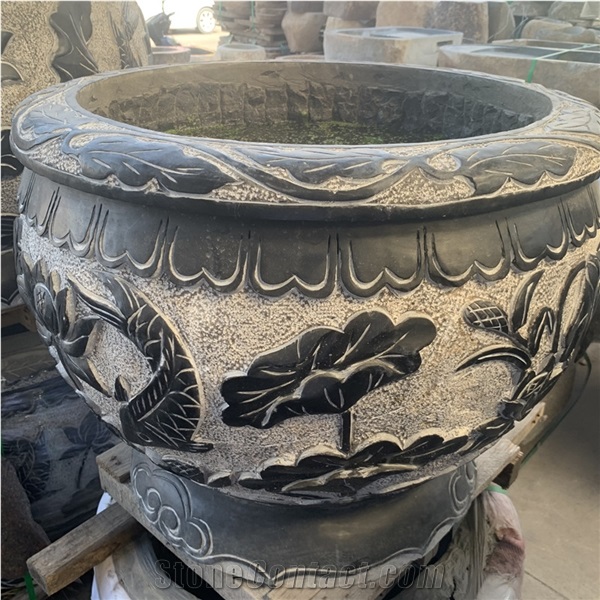 Engraved Round Granite Outdoor Landscape Plant Flower Pot