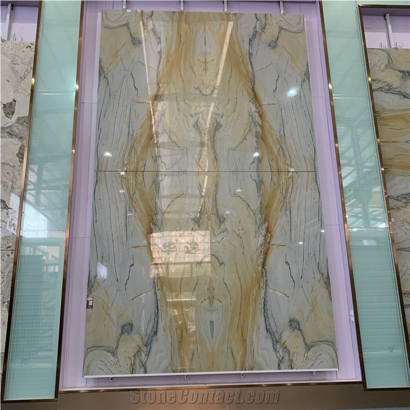 Polished Bookmatch Macaubas Gold Quartzite Slabs For Wall