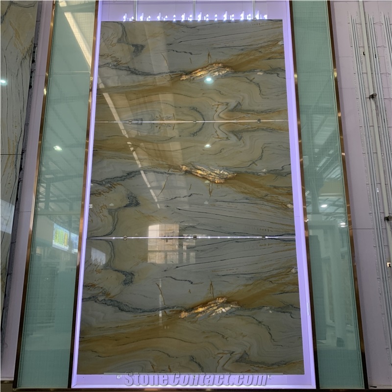 Polished Bookmatch Macaubas Gold Quartzite Slabs For Wall