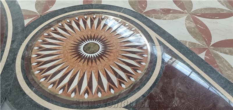 Lobby Floor Marble Waterjet Medallions Silver Grey Carpet