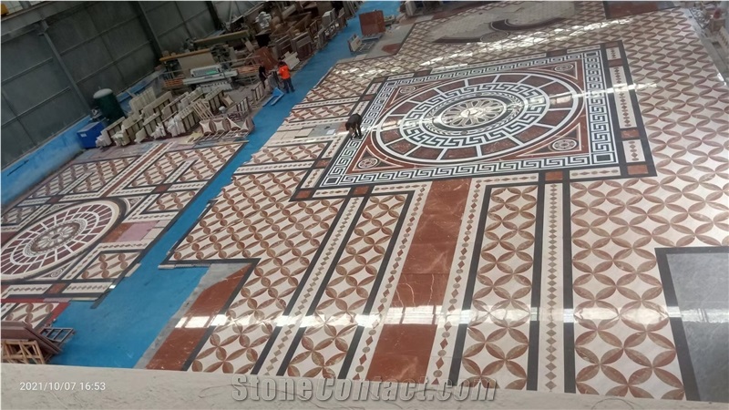 Lobby Floor Marble Waterjet Medallions Silver Grey Carpet
