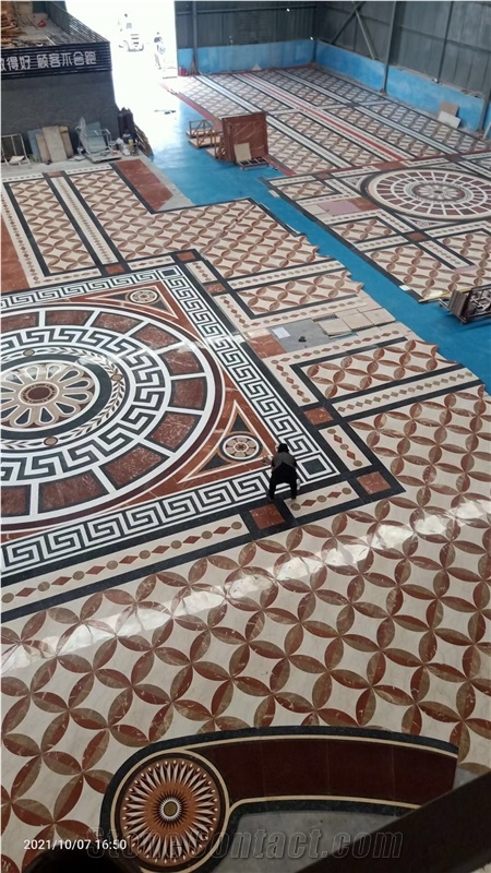 Lobby Floor Marble Waterjet Medallions Silver Grey Carpet