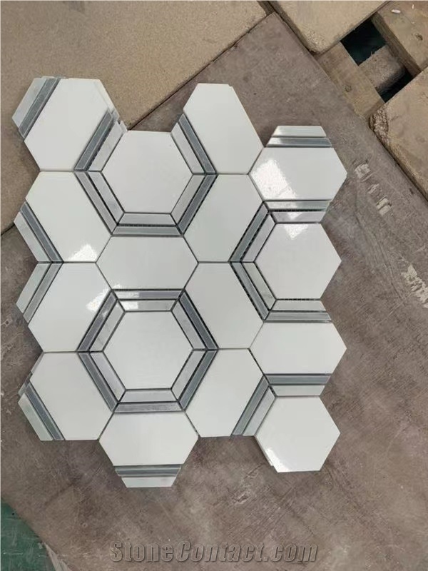 Marble Calacatta Gold Chevron Mosaic With Square Dot Tile