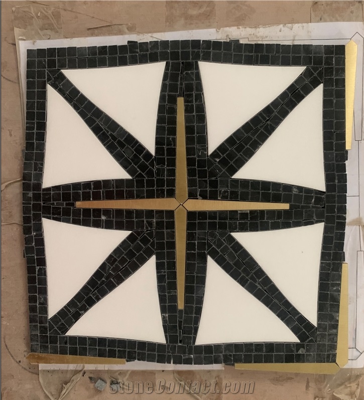 Marble Calacatta Gold Chevron Mosaic With Square Dot Tile