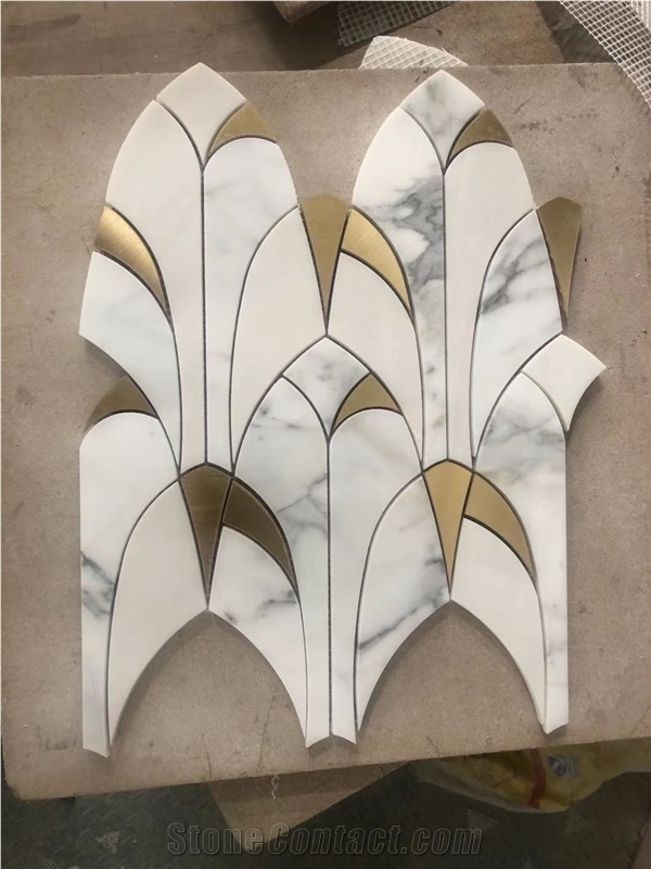 Marble Calacatta Gold Chevron Mosaic With Square Dot Tile
