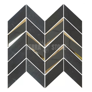 Chevron Glass Mixed Marble Stone Black Shower Wall Mosaic