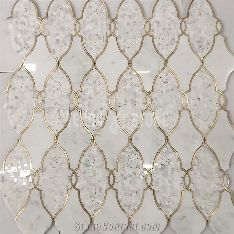 Lantern Pattern White Marble And Brass Tiles Waterjet Design