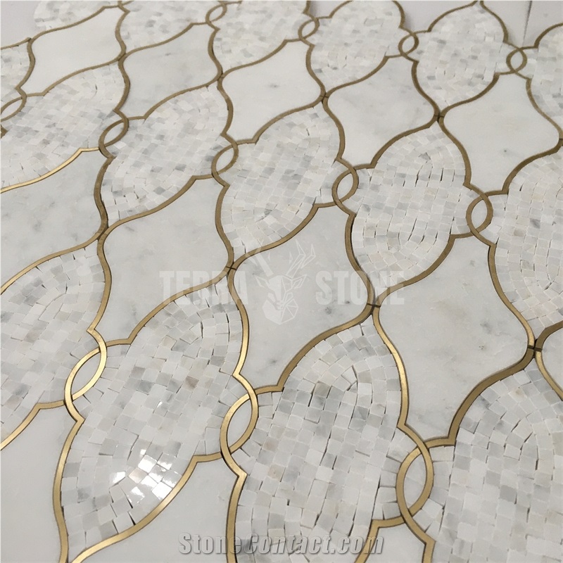 Lantern Pattern White Marble And Brass Tiles Waterjet Design