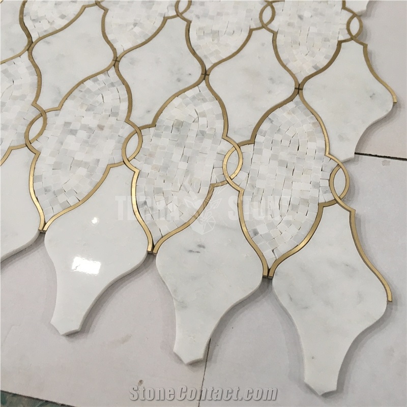 Lantern Pattern White Marble And Brass Tiles Waterjet Design