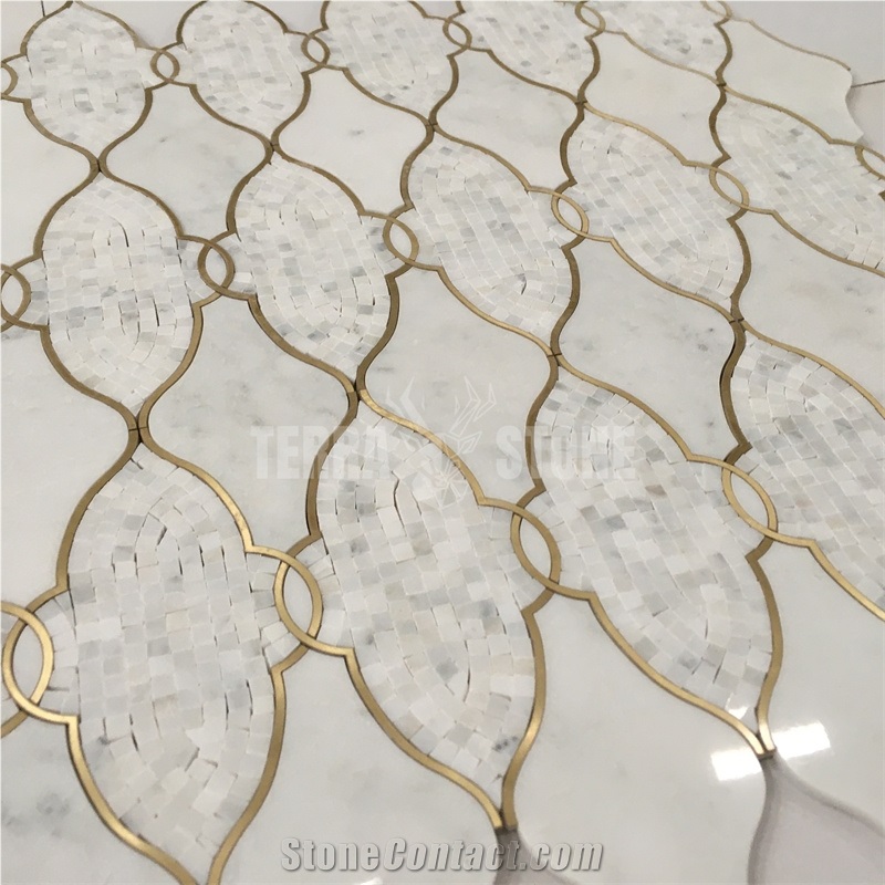 Lantern Pattern White Marble And Brass Tiles Waterjet Design