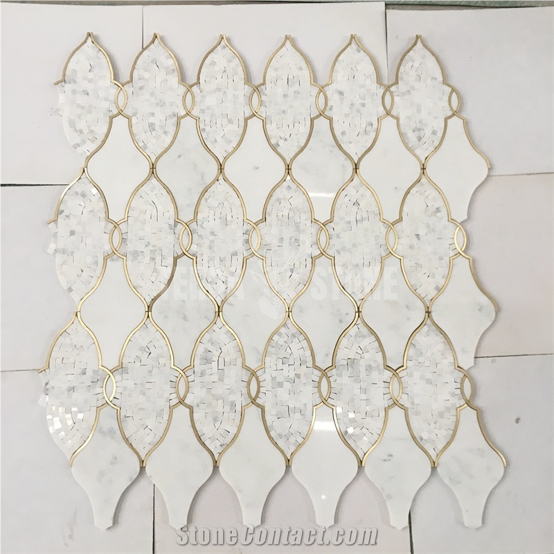 Lantern Pattern White Marble And Brass Tiles Waterjet Design