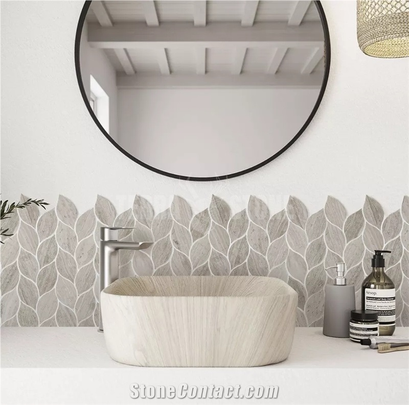 Leaf Shape Kitchen Backsplash Tile White Wood Marble Mosaic