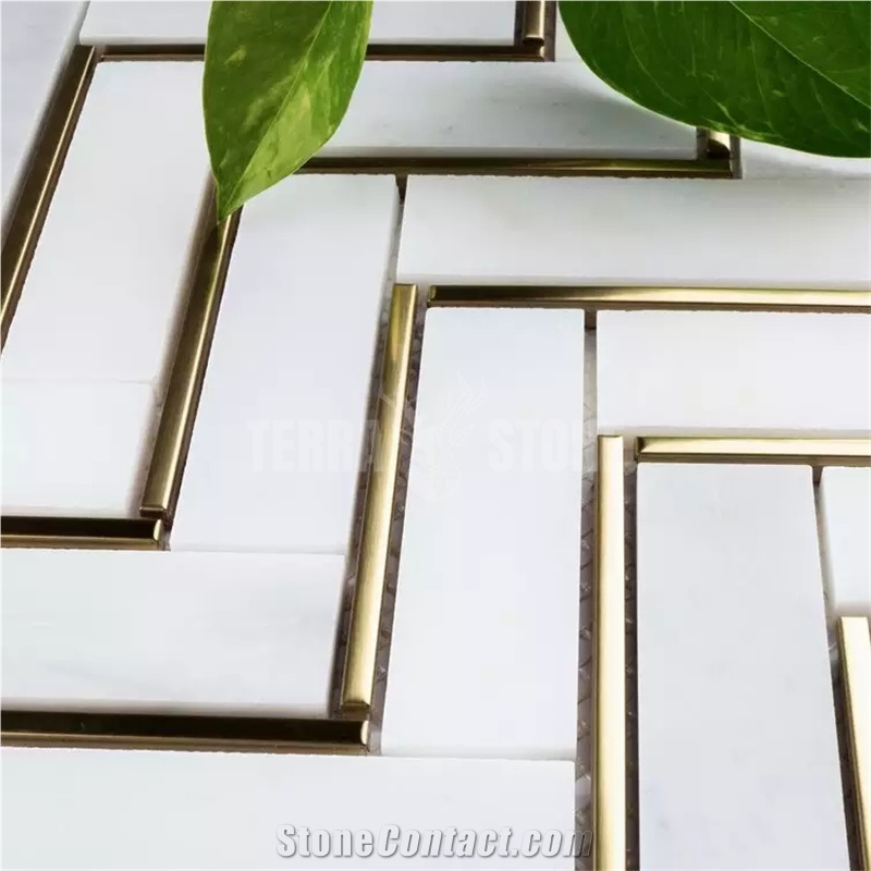 Luxury Chevron Herringbone White Marble Gold Metal Mosaic