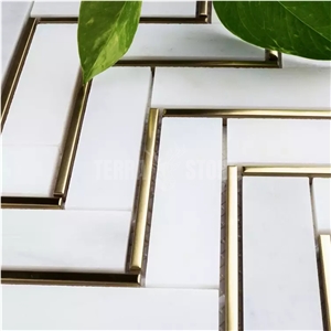 Luxury Chevron Herringbone White Marble Gold Metal Mosaic