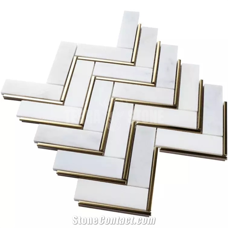 Luxury Chevron Herringbone White Marble Gold Metal Mosaic