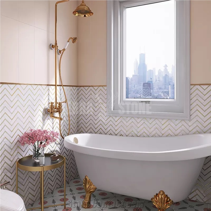 Luxury Chevron Herringbone White Marble Gold Metal Mosaic