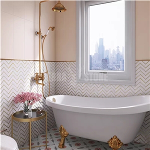Luxury Chevron Herringbone White Marble Gold Metal Mosaic
