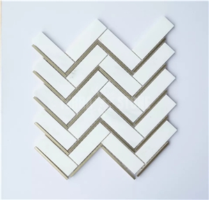 Luxury Chevron Herringbone White Marble Gold Metal Mosaic