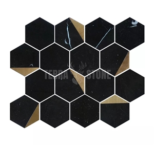 Nero Marquina Black Marble Stone Mosaic Hexagon Gold Metal