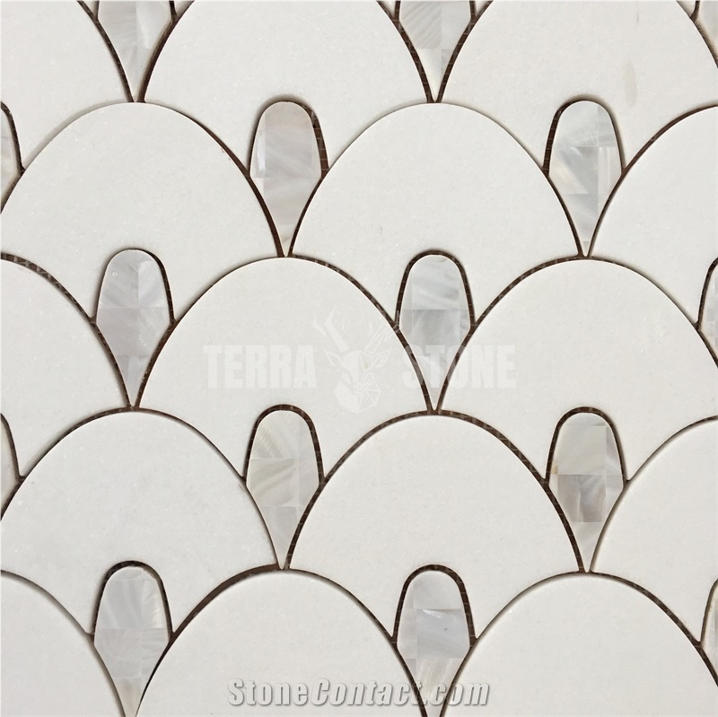 Pearl Shell + Thassos White Marble Mosaic Fish Scale Tiles Bathroom Wall