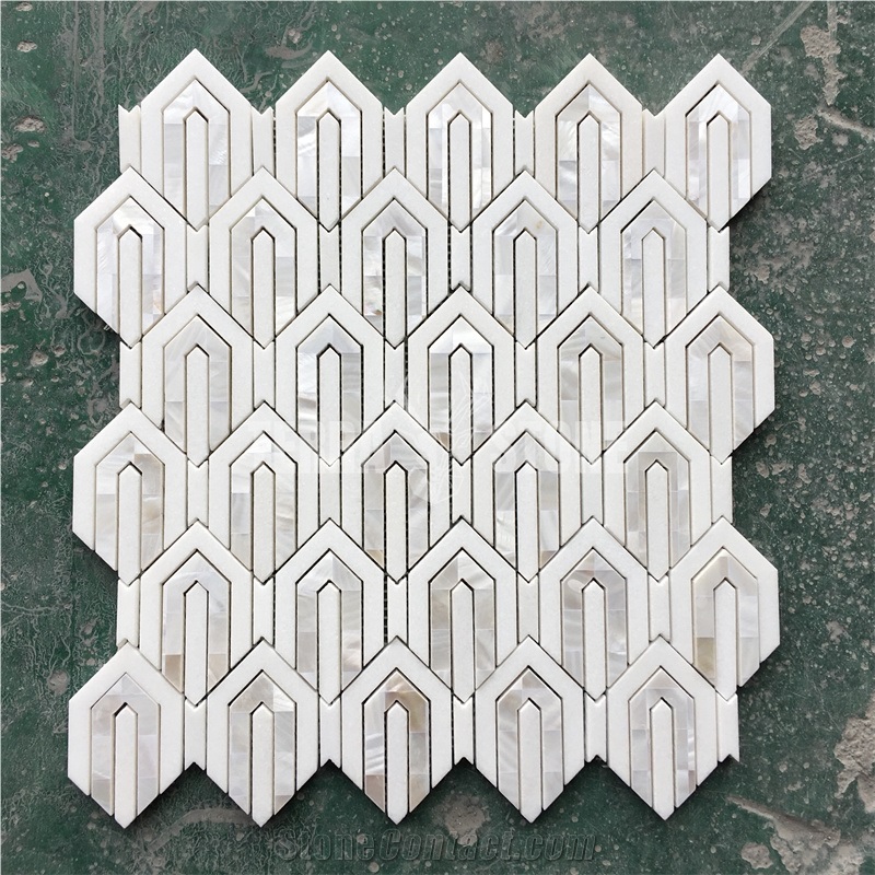 Stone And Pearl Shell Polished Chevron Marble Mosaic Tile