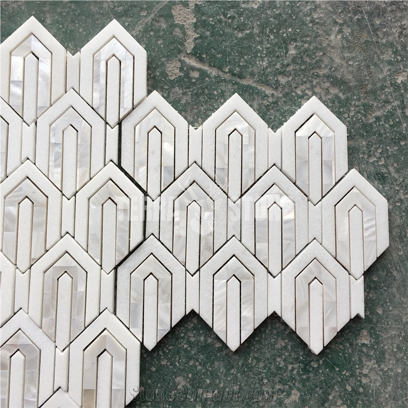Stone And Pearl Shell Polished Chevron Marble Mosaic Tile