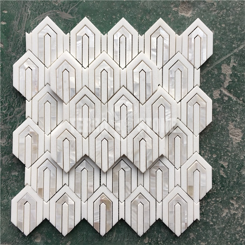 Stone And Pearl Shell Polished Chevron Marble Mosaic Tile