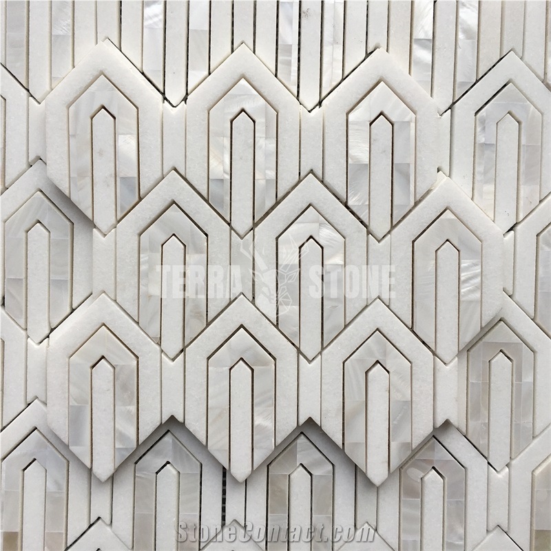 Stone And Pearl Shell Polished Chevron Marble Mosaic Tile