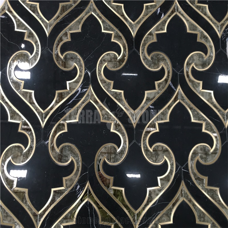 Water Jet Marble Mosaic With Brass And Antique Mirror Glass