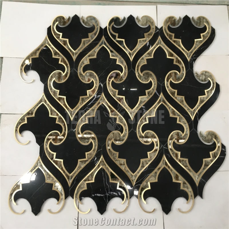 Water Jet Marble Mosaic With Brass And Antique Mirror Glass