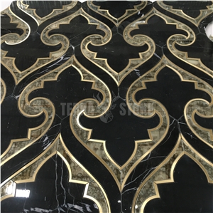 Water Jet Marble Mosaic With Brass And Antique Mirror Glass