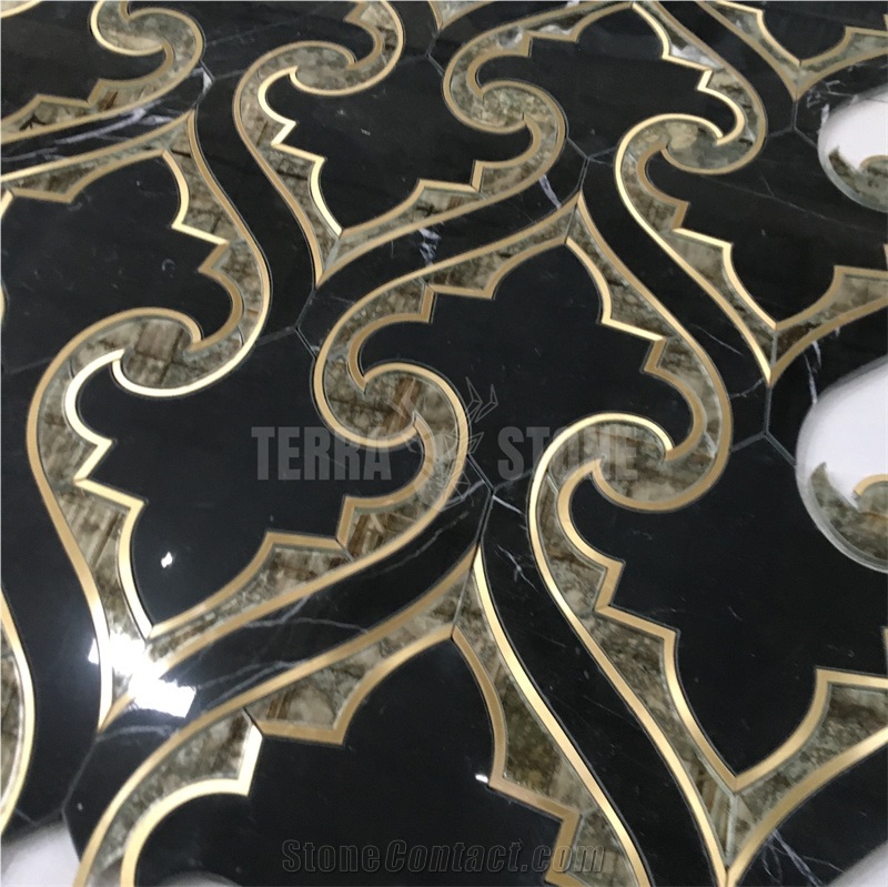 Water Jet Marble Mosaic With Brass And Antique Mirror Glass