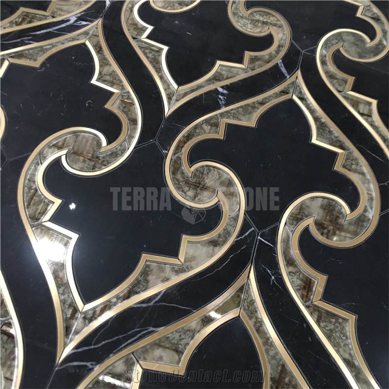 Water Jet Marble Mosaic With Brass And Antique Mirror Glass
