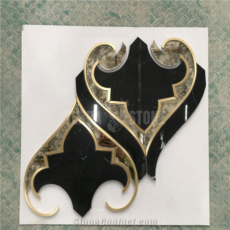 Water Jet Marble Mosaic With Brass And Antique Mirror Glass