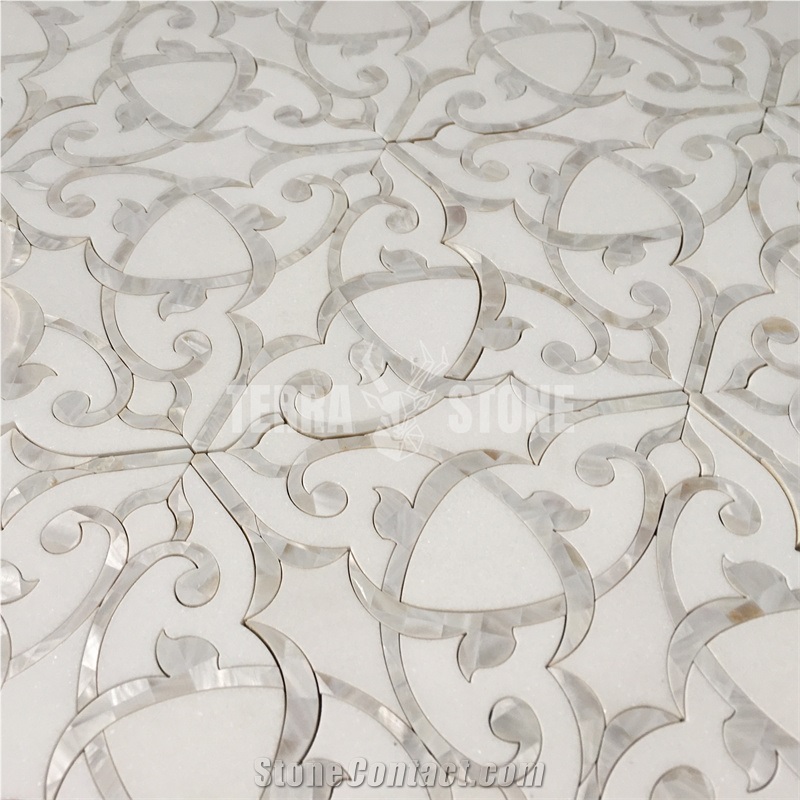 White Marble Shell Flower Pattern Water Jet Mosaic Tile