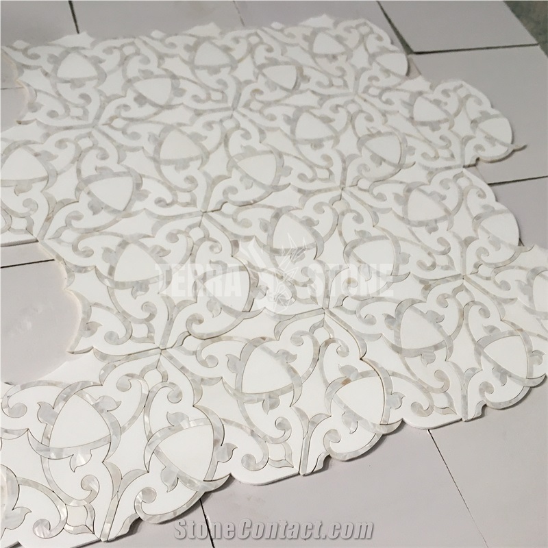 White Marble Shell Flower Pattern Water Jet Mosaic Tile