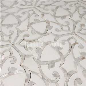 White Stone Shell Flower Pattern Water Jet Mosaic Design