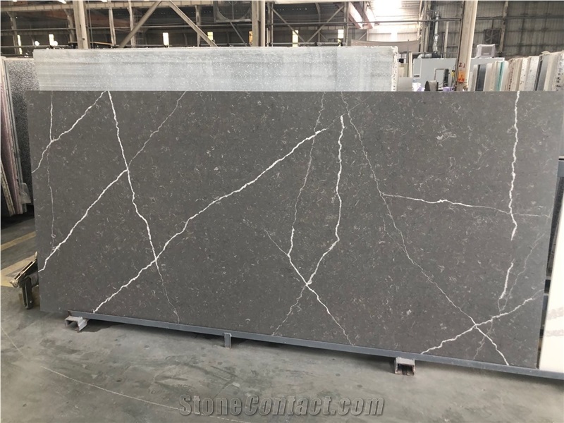 Calacatta Slab Grey Color Glossy Surface Quartz Stone