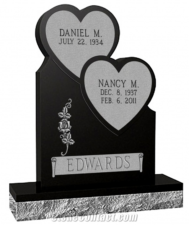 Absolute Black Granite Stacked Heart Companion Headstone