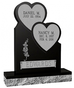 Absolute Black Granite Stacked Heart Companion Headstone