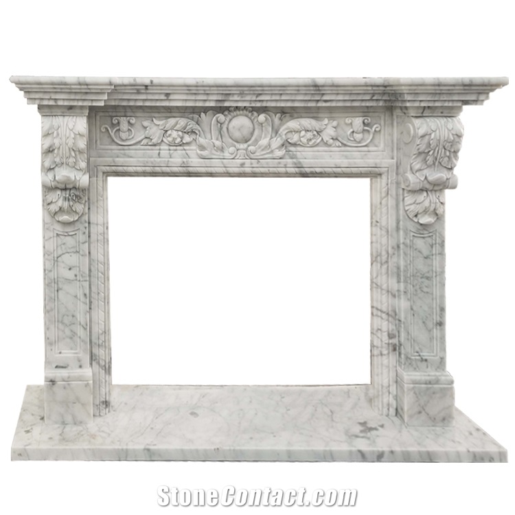 Polished Italian White Carrara Marble  Fireplace Mantel