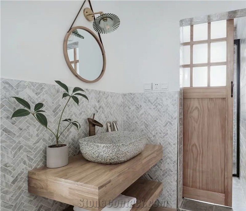 Herringbone White Marble Mosaic Tiles