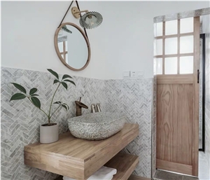 Herringbone White Marble Mosaic Tiles